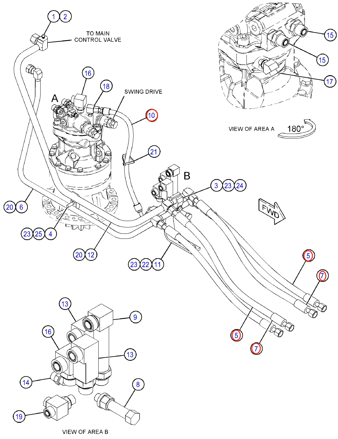 Caterpillar CAT®312D2 GC installation diagram showing hydraulic hose 123-2636 at Pipe No. 5