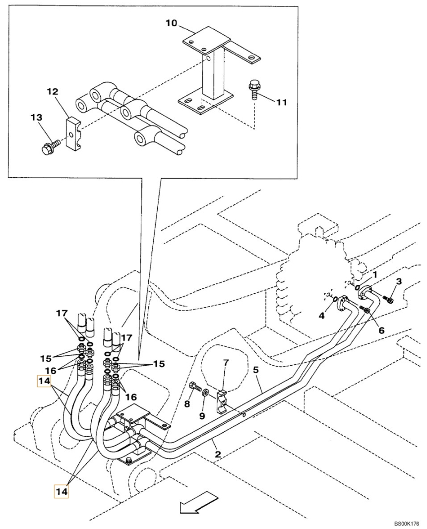 Case CX210N installation diagram showing hydraulic hose KRJ5760 at Pipe No. 14