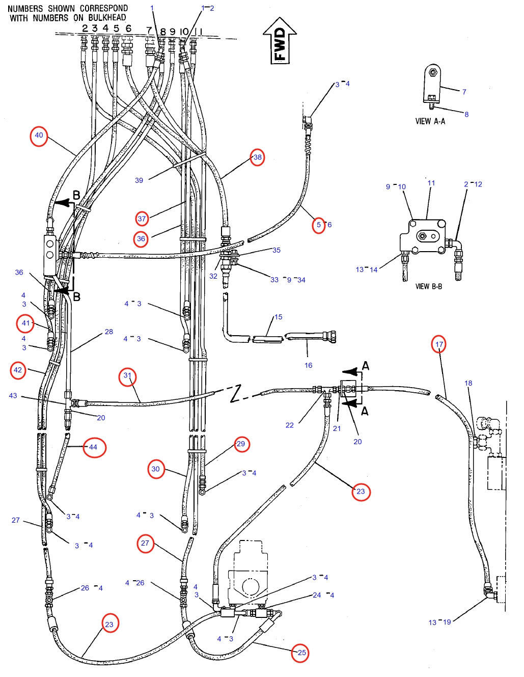 Caterpillar CAT®245D installation diagram showing hydraulic hose 033-8744 at Pipe No. 38