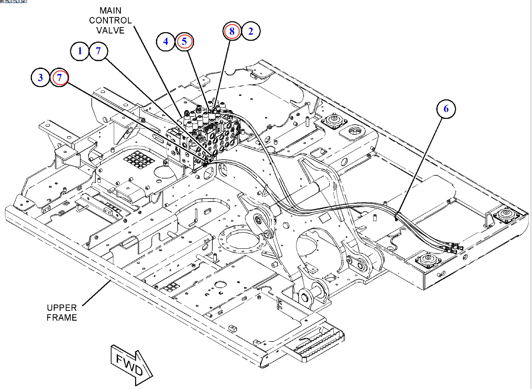 Caterpillar CAT®312F installation diagram showing hydraulic hose 7I-8252 at Pipe No. 5