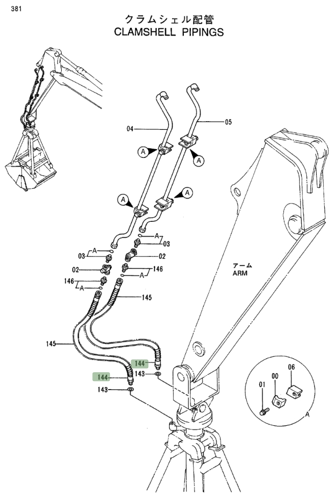 Hitachi EX200LC-3 installation diagram showing hydraulic hose 4288439 at Pipe No. 144