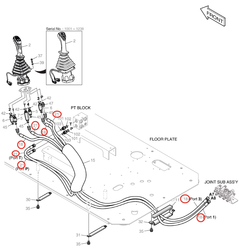 Doosan DX160LC-5 installation diagram showing hydraulic hose DS2113059 at Pipe No. 21