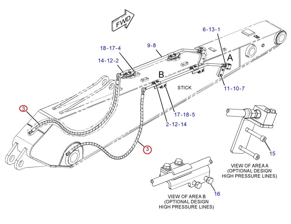 Caterpillar CAT®316F L installation diagram showing hydraulic hose 173-7864 at Pipe No. 3