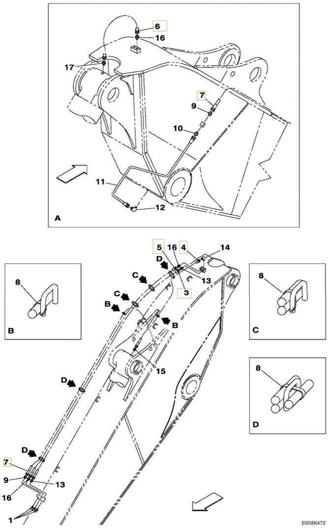 Case CX800B installation diagram showing hydraulic hose KHJ2172 at Pipe No. 7