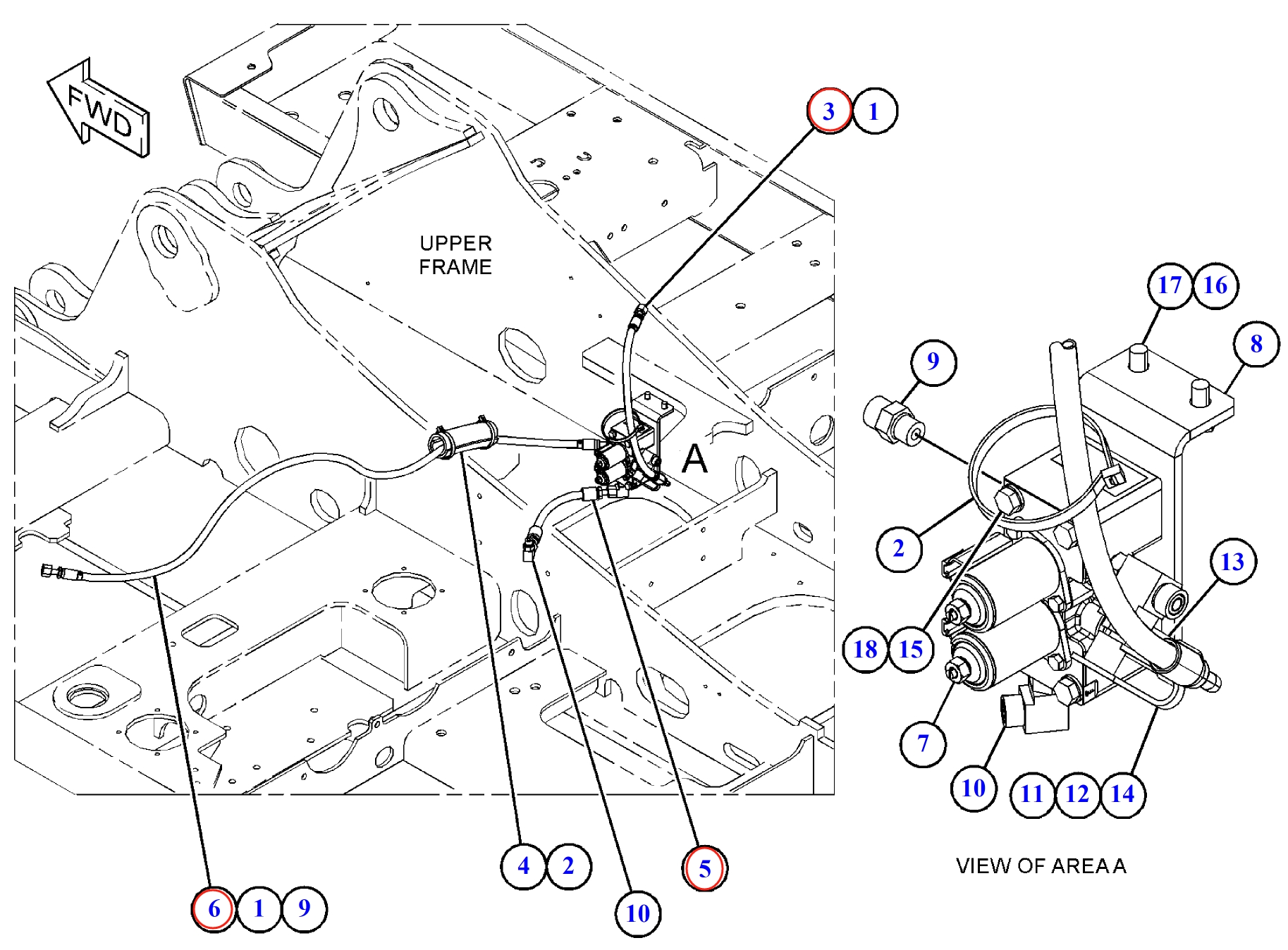 Caterpillar CAT®312F installation diagram showing hydraulic hose 307-4966 at Pipe No. 5