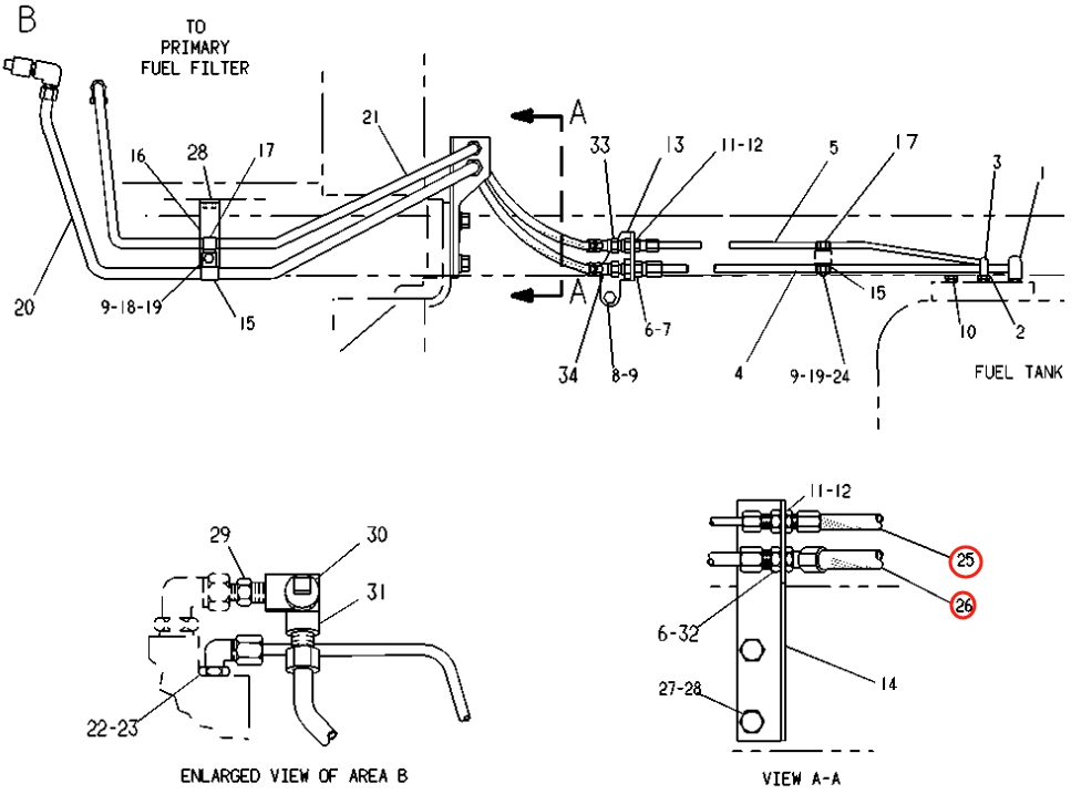 Caterpillar CAT®229 installation diagram showing hydraulic hose 7V-0916 at Pipe No. 25