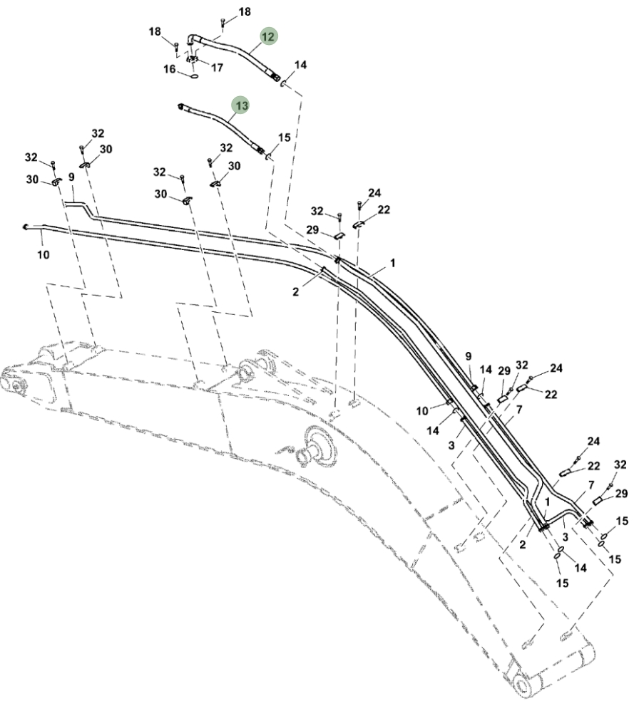 Hitachi ZX250LC-5G installation diagram showing hydraulic hose 4628529 at Pipe No. 12