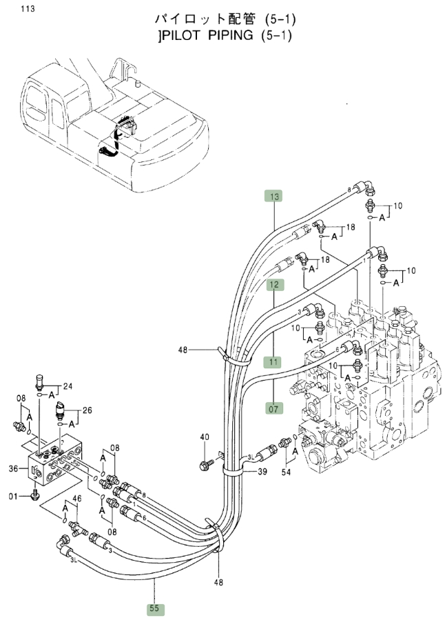 Hitachi EX370-5 installation diagram showing hydraulic hose 4354356 at Pipe No. 12