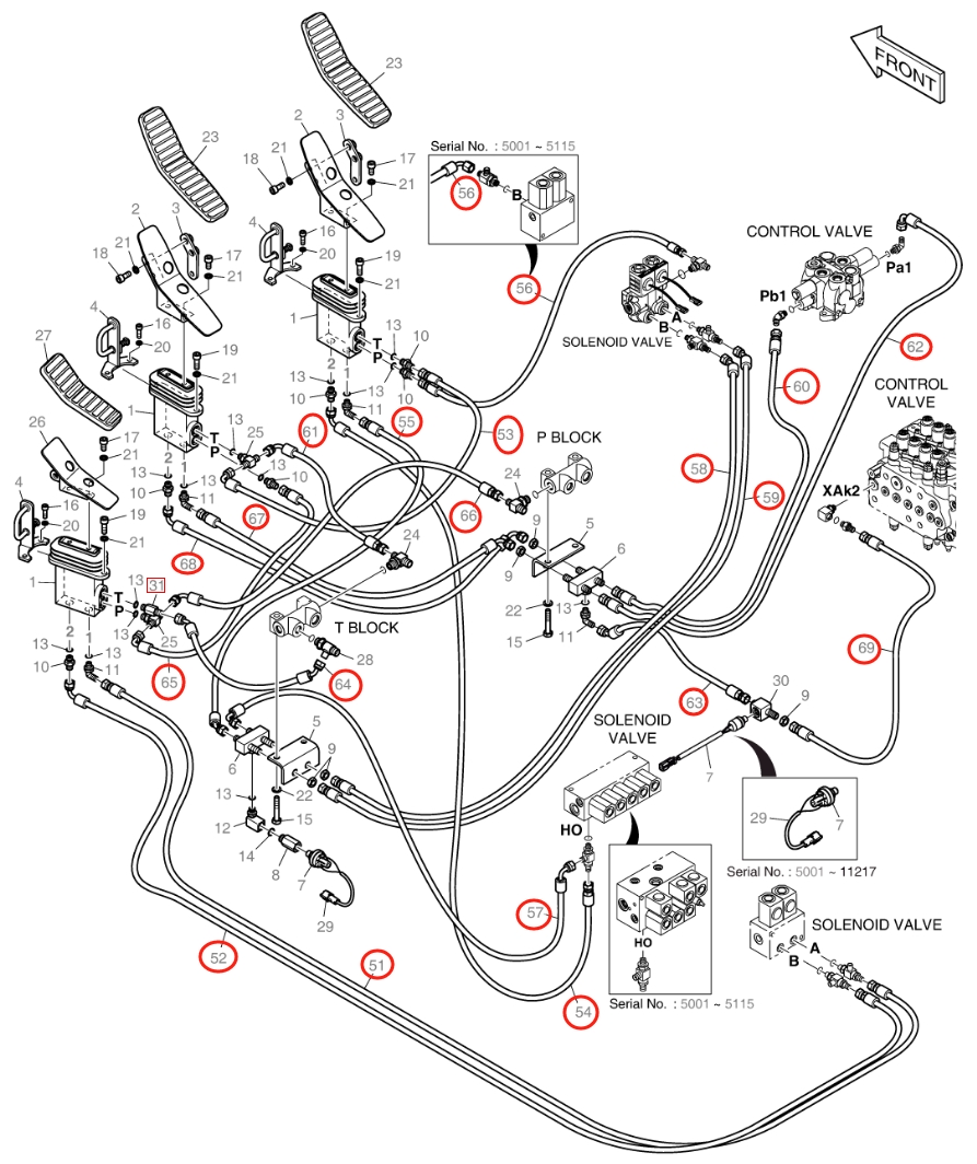 Doosan DX140W installation diagram showing hydraulic hose DS2092030 at Pipe No. 58