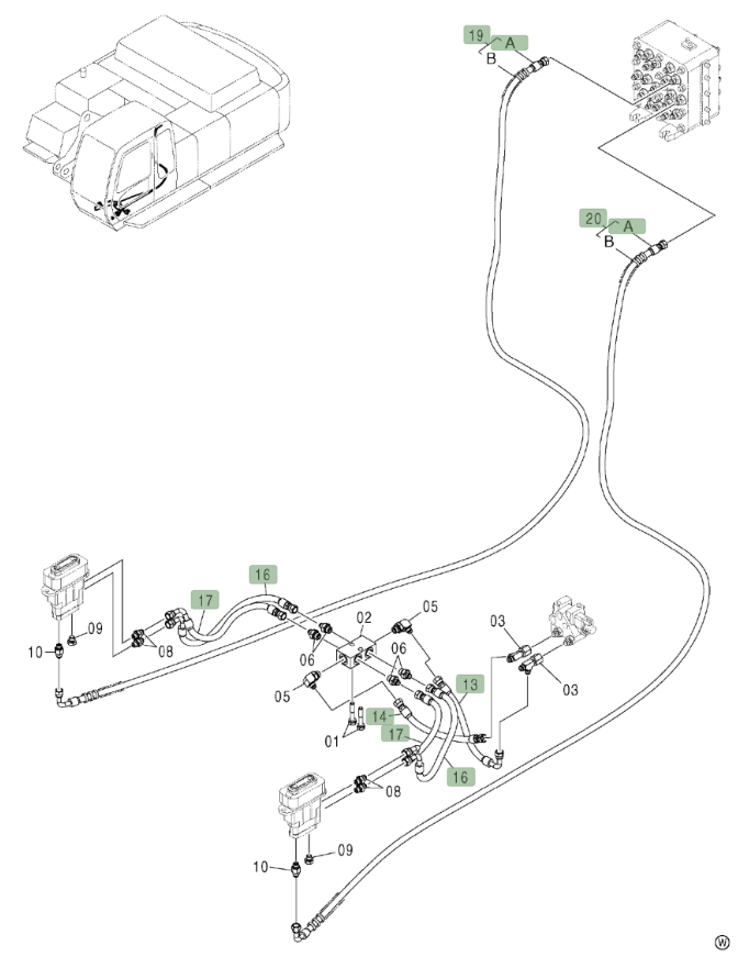 Hitachi ZX450LC installation diagram showing hydraulic hose 9211532 at Pipe No. 20