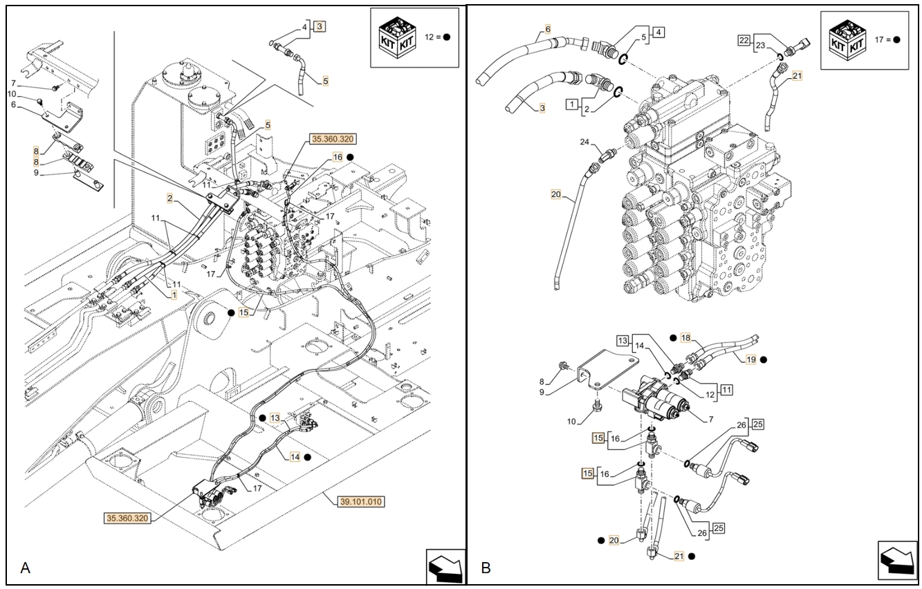 Case CX130D LC installation diagram showing hydraulic hose KHJ2088 at Pipe No. A14-B19