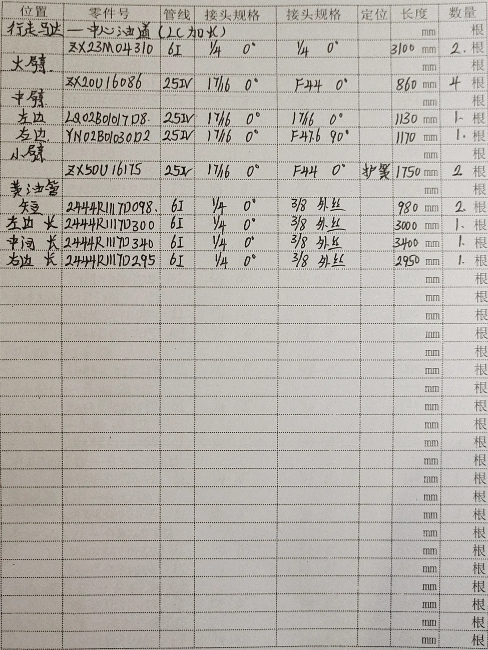 Kobelco SK330-6E hydraulic hose part numbers and recorded lengths — technician notebook page 2 of 5