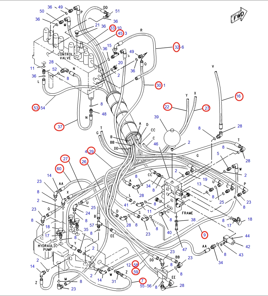 Caterpillar CAT®317 N installation diagram showing hydraulic hose 7I-0184 at Pipe No. 37