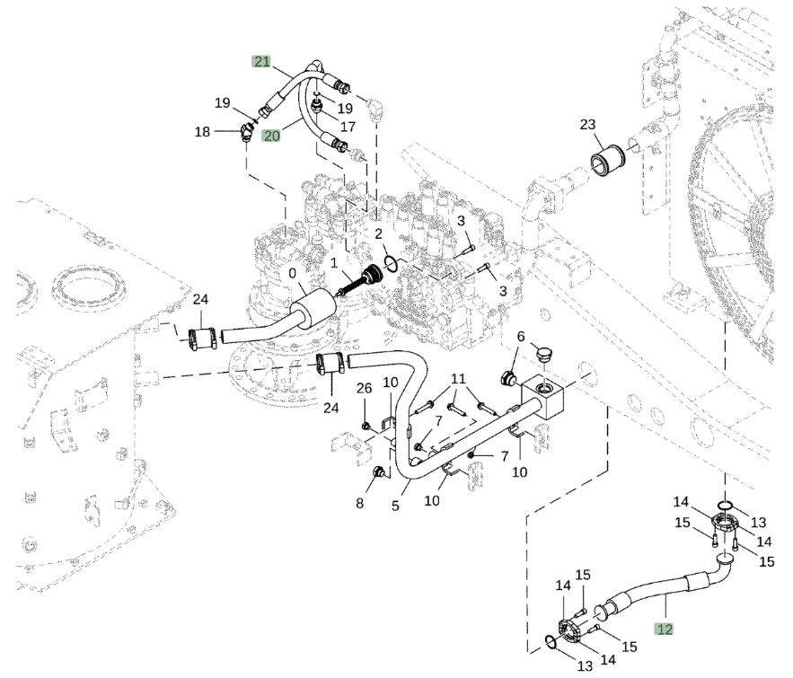 Hitachi ZX470LC-5B installation diagram showing hydraulic hose 4701322 at Pipe No. 21