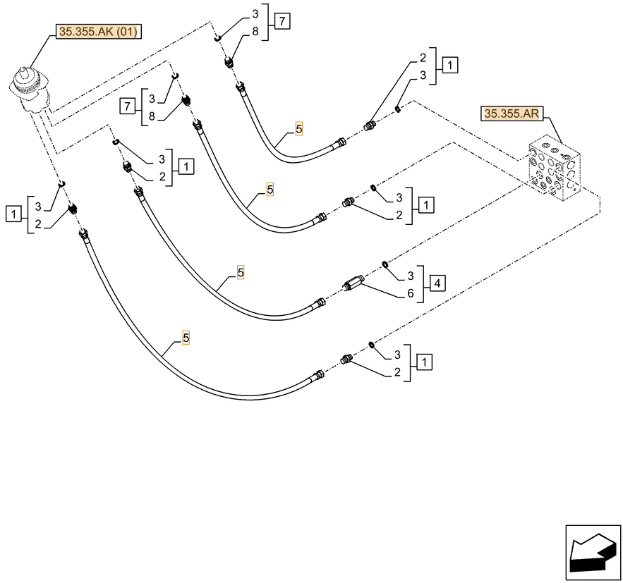 Case CX250D LC LR installation diagram showing hydraulic hose 159217A1 at Pipe No. 5
