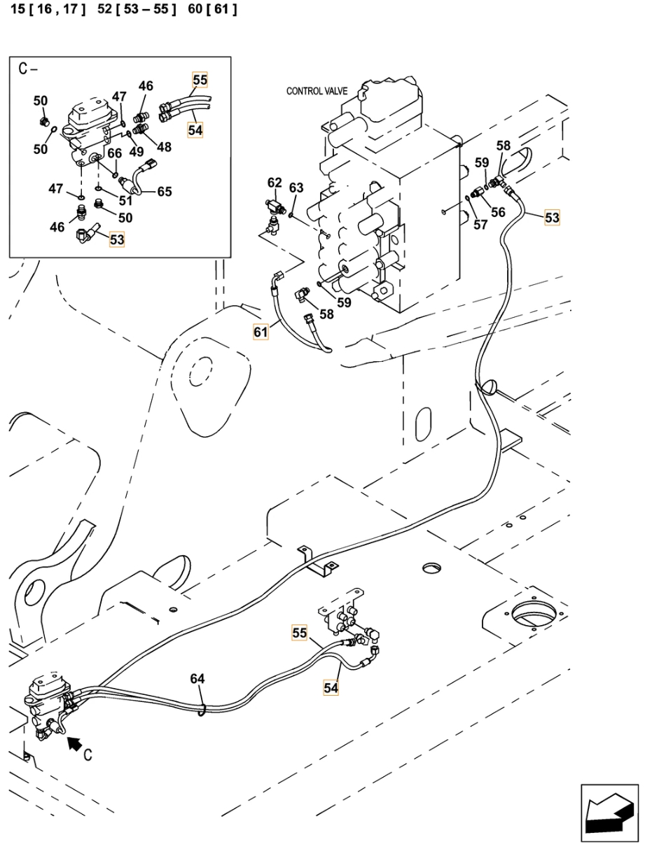 Case CX350C-8 installation diagram showing hydraulic hose KHJ2092 at Pipe No. 54