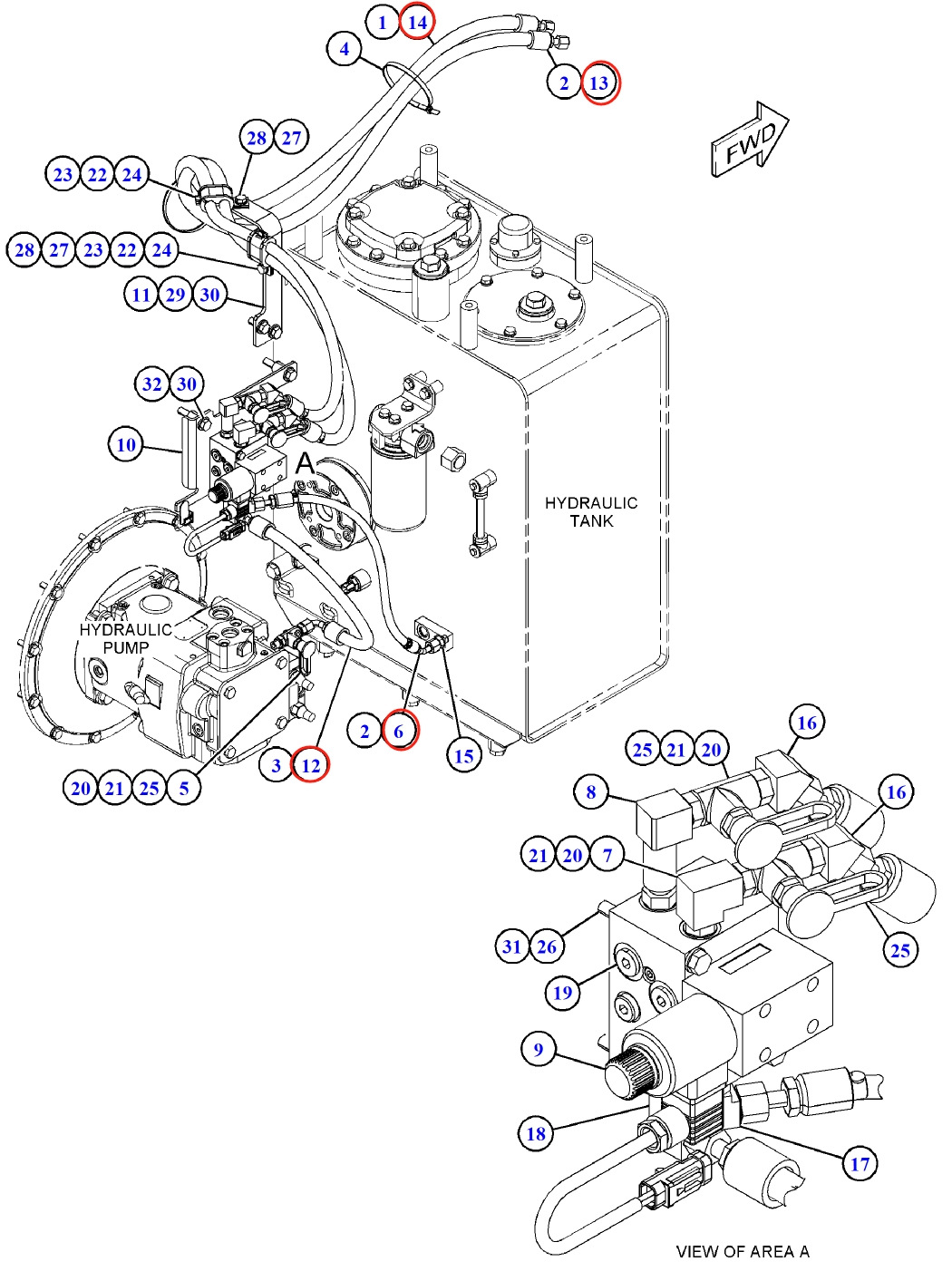 Caterpillar CAT®313F LGC installation diagram showing hydraulic hose 474-1460 at Pipe No. 14