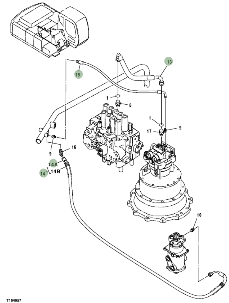 Hitachi ZX250F installation diagram showing hydraulic hose 4313443 at Pipe No. 14A