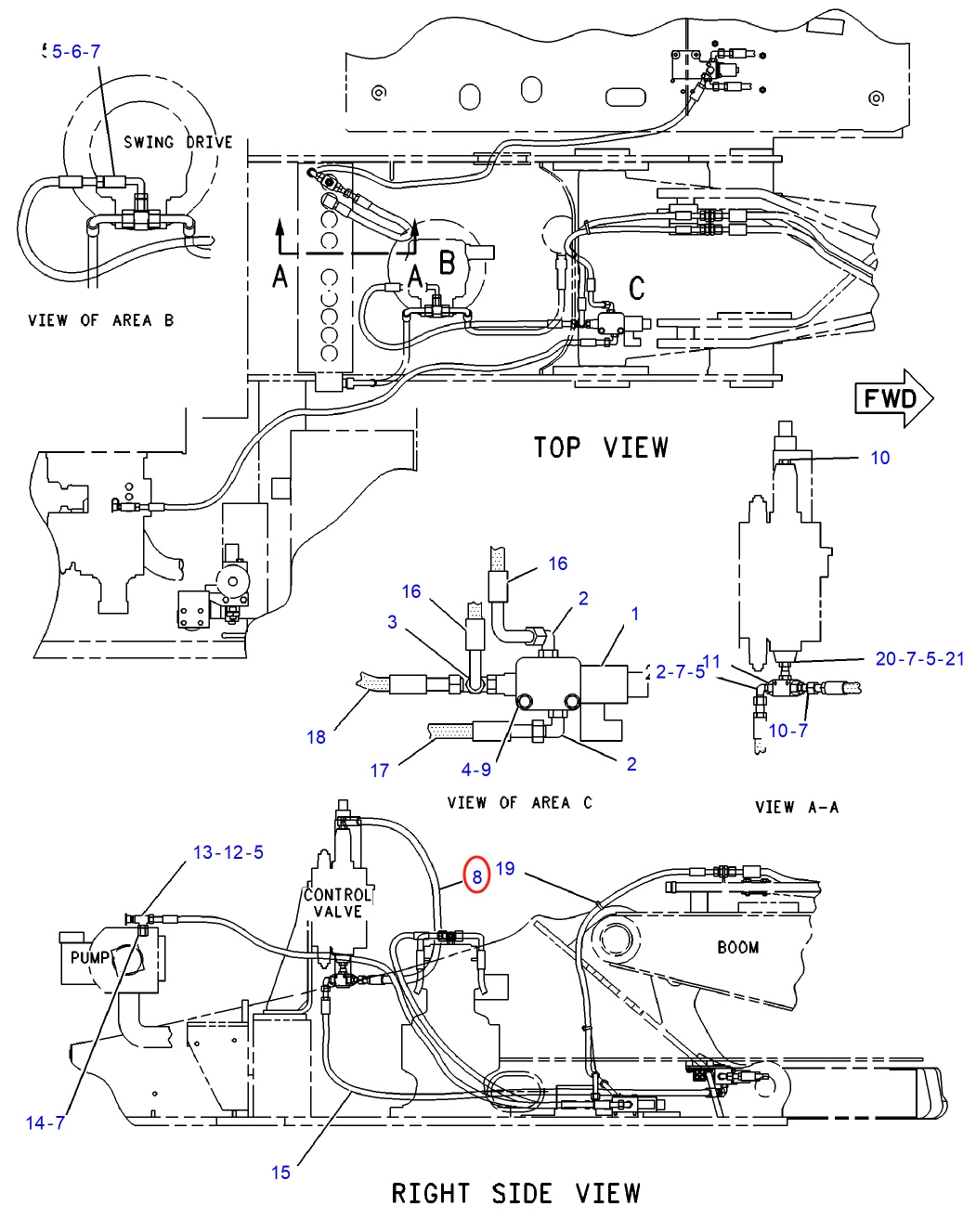 Caterpillar CAT®312-A installation diagram showing hydraulic hose 4I-3778 at Pipe No. 8