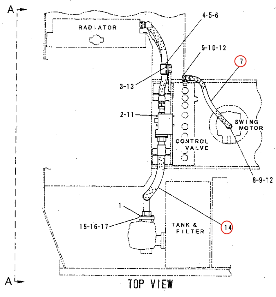 Caterpillar CAT®311B installation diagram showing hydraulic hose 122-5218 at Pipe No. 7