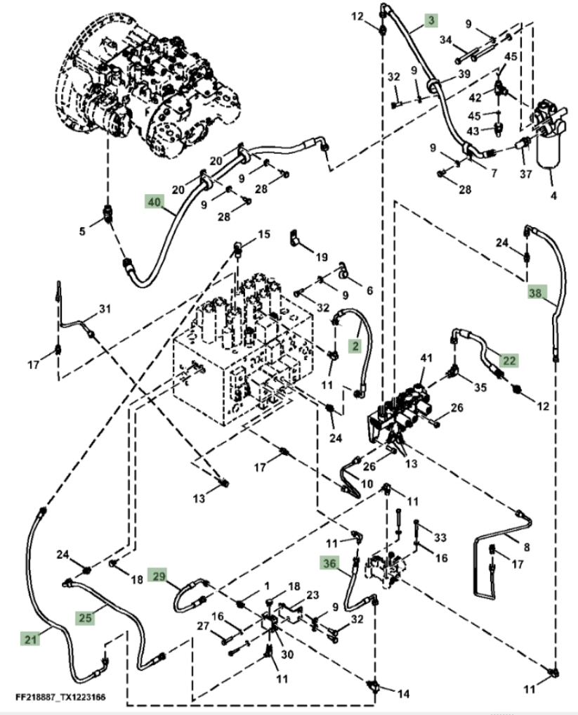 Hitachi ZX210F-LL-6N installation diagram showing hydraulic hose 9290833 at Pipe No. 38