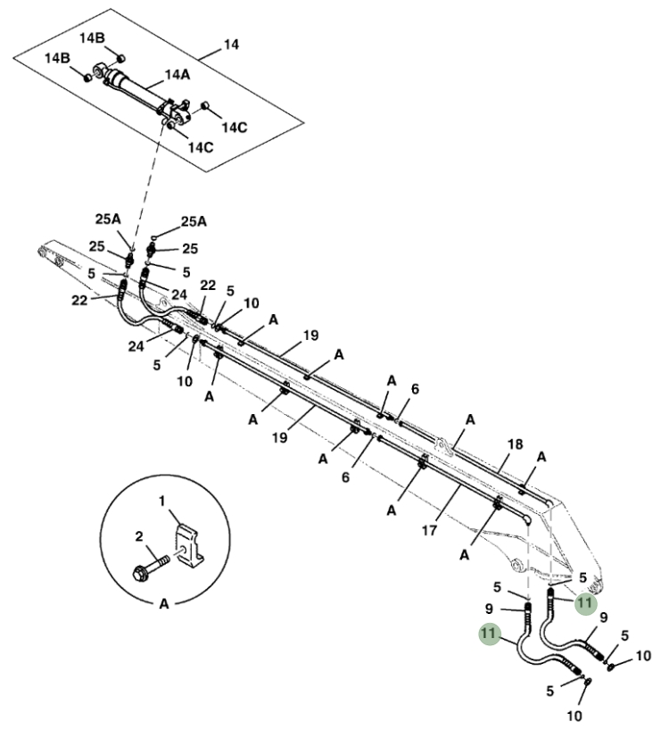 Hitachi ZX350LC-5N installation diagram showing hydraulic hose 4250078 at Pipe No. 11