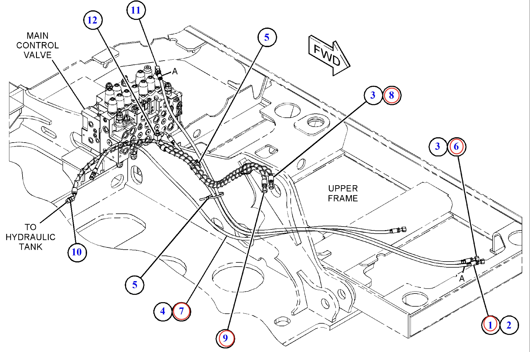 Caterpillar CAT®313F installation diagram showing hydraulic hose 4I-3994 at Pipe No. 1