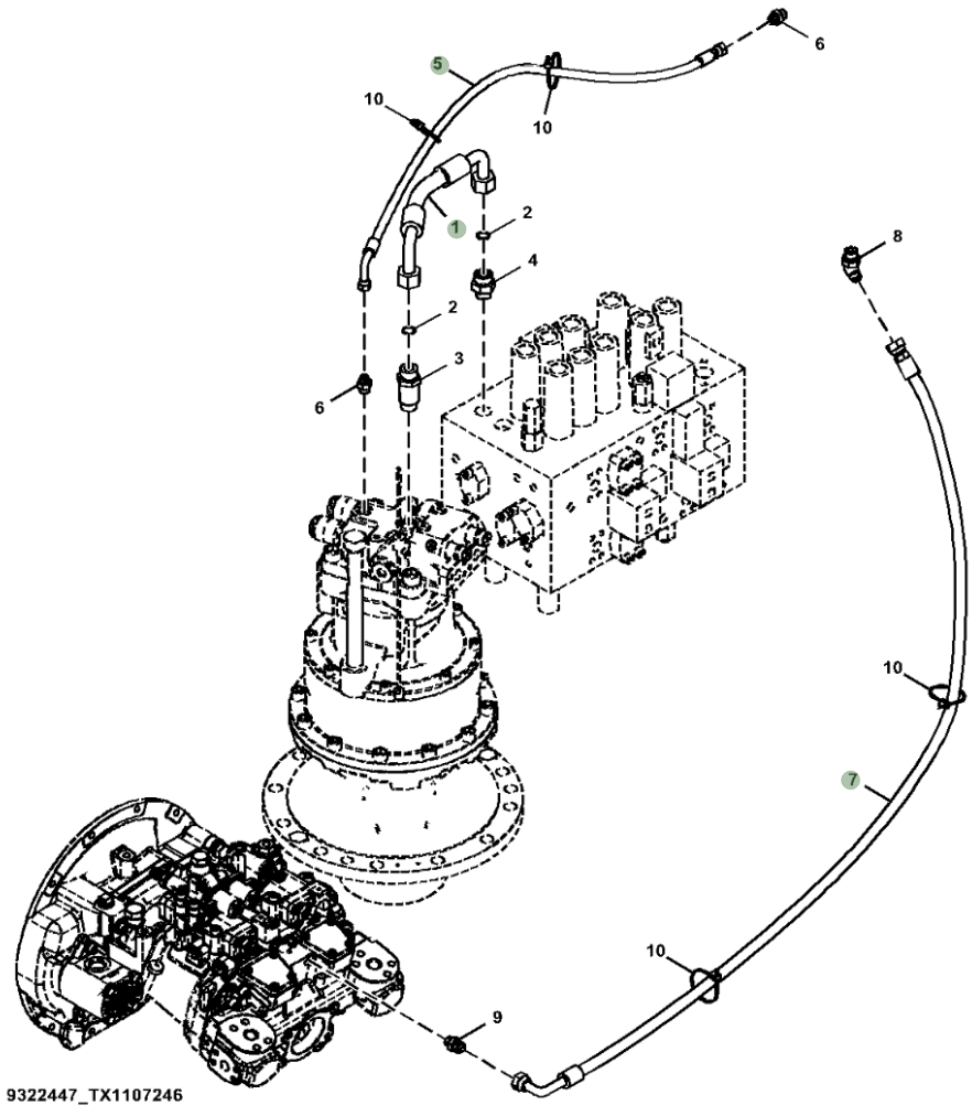 Hitachi ZX160LC-6N installation diagram showing hydraulic hose 4313438 at Pipe No. 7