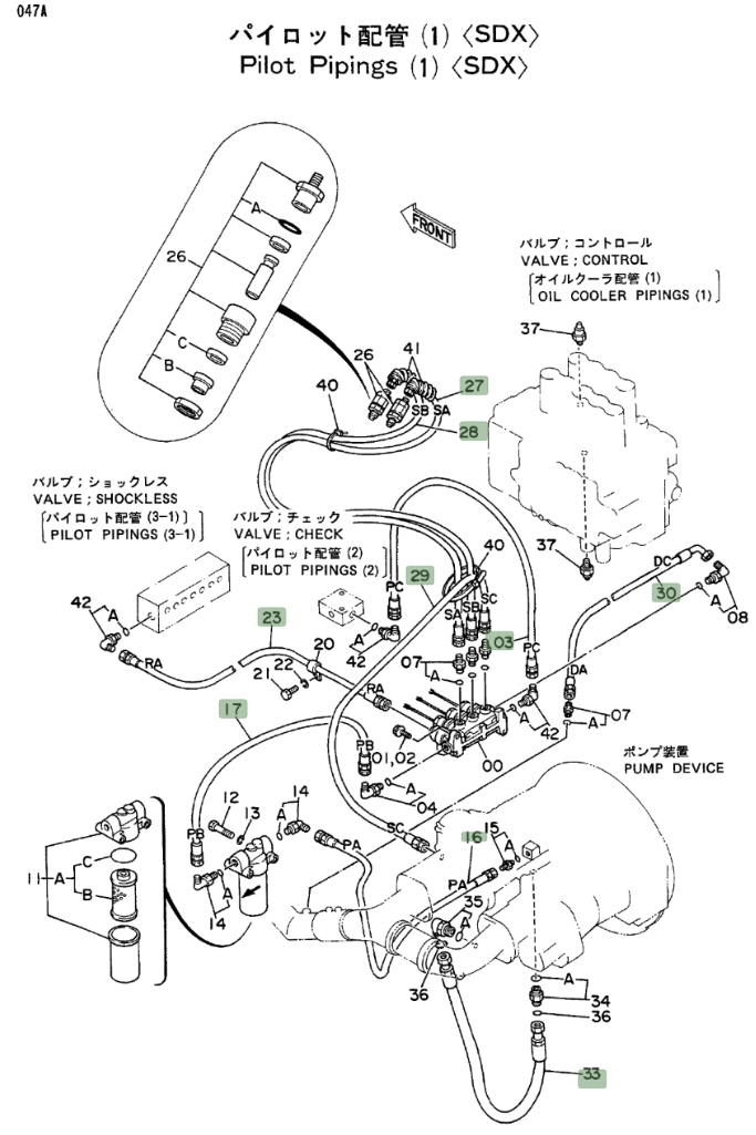 Hitachi EX300LC installation diagram showing hydraulic hose 4197724 at Pipe No. 33