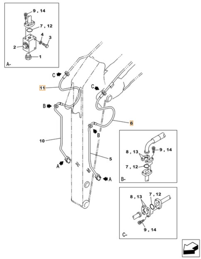 Case CX490C installation diagram showing hydraulic hose KBV15980 at Pipe No. 11