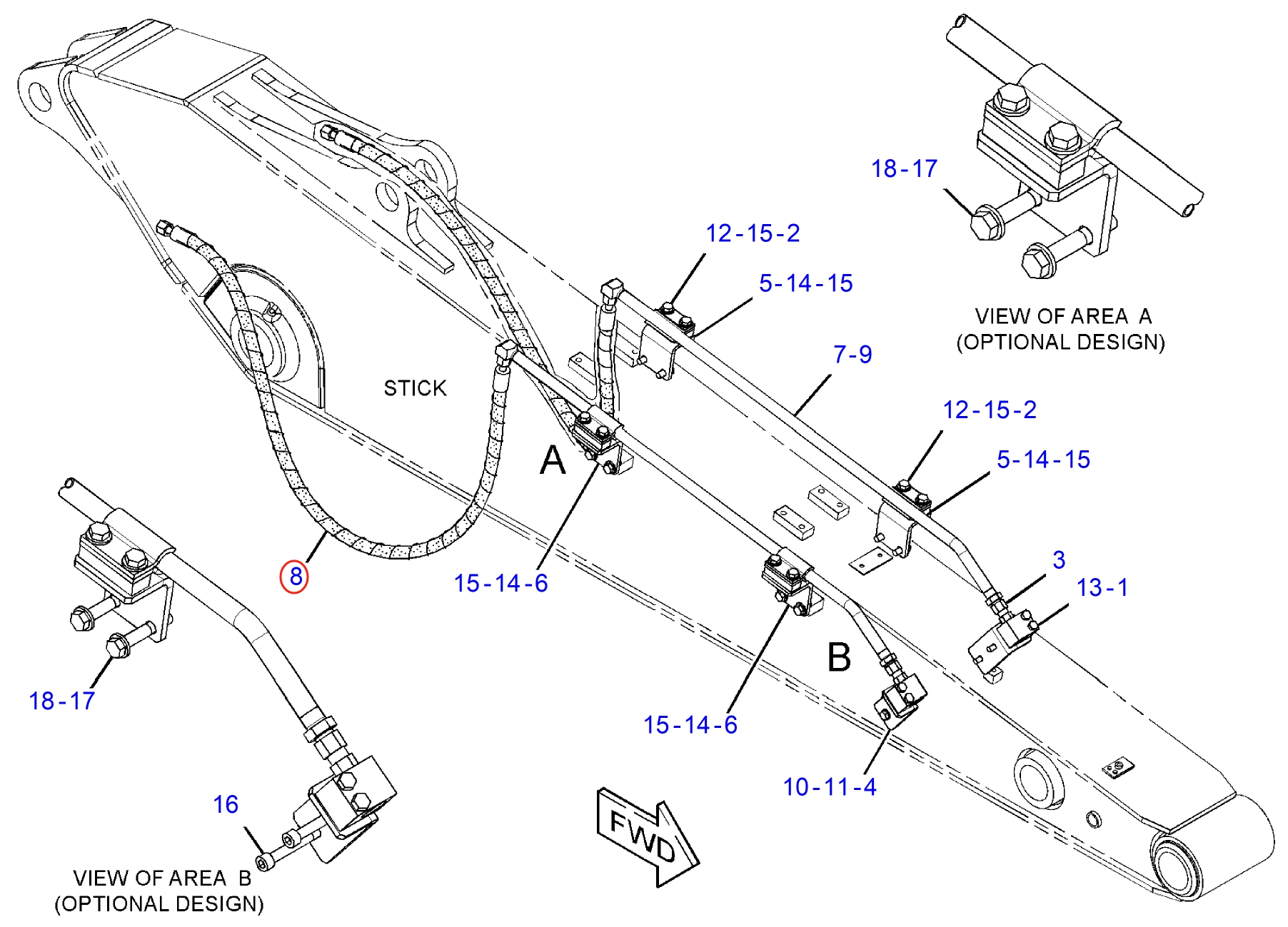 Caterpillar CAT®314D LCR installation diagram showing hydraulic hose 288-7723 at Pipe No. 8