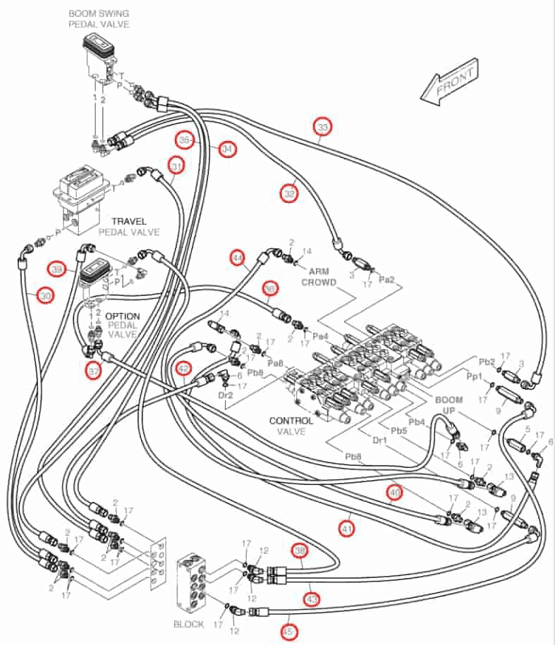 Doosan DX30Z installation diagram showing hydraulic hose DS2093036 at Pipe No. 41