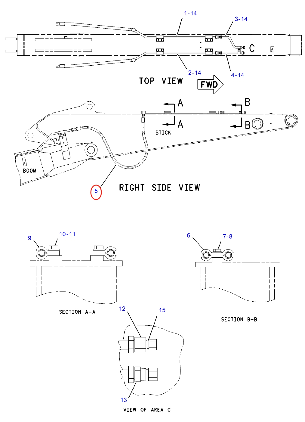 Caterpillar CAT®311C installation diagram showing hydraulic hose 177-8407 at Pipe No. 5