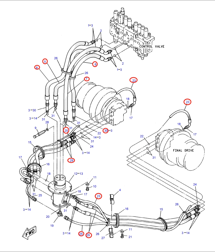 Caterpillar CAT®317 N installation diagram showing hydraulic hose 5I-3127 at Pipe No. 25