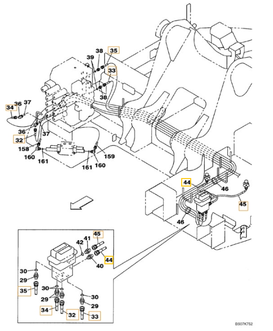 Case CX225SR installation diagram showing hydraulic hose KHJ2083 at Pipe No. 34