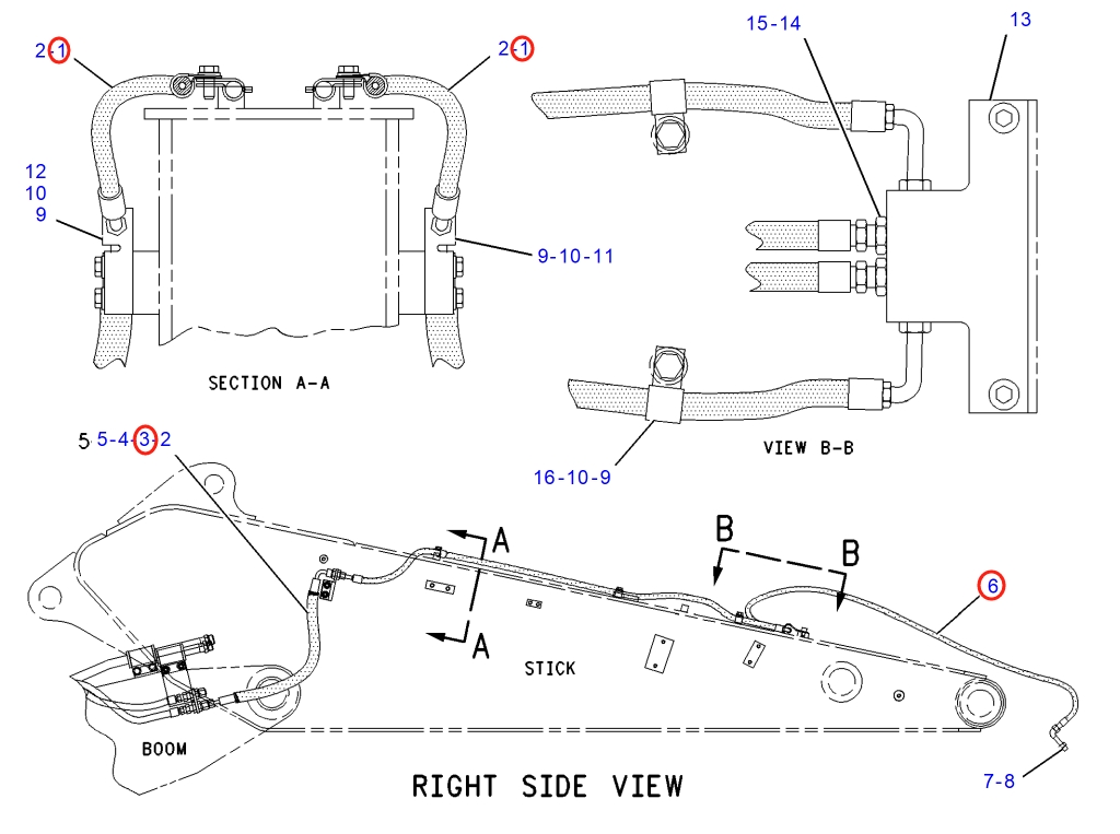 Caterpillar CAT®317B LN installation diagram showing hydraulic hose 126-6053 at Pipe No. 6