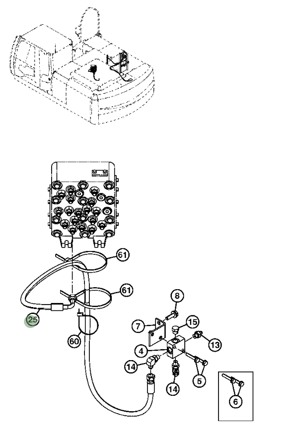 Hitachi ZX200LC-3 installation diagram showing hydraulic hose 4453281 at Pipe No. 25