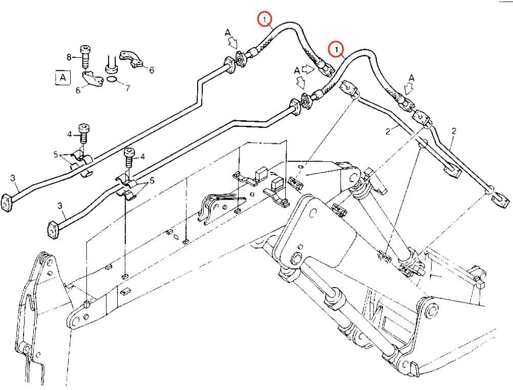 Caterpillar CAT®206B installation diagram showing hydraulic hose 8U-6184 at Pipe No. 1