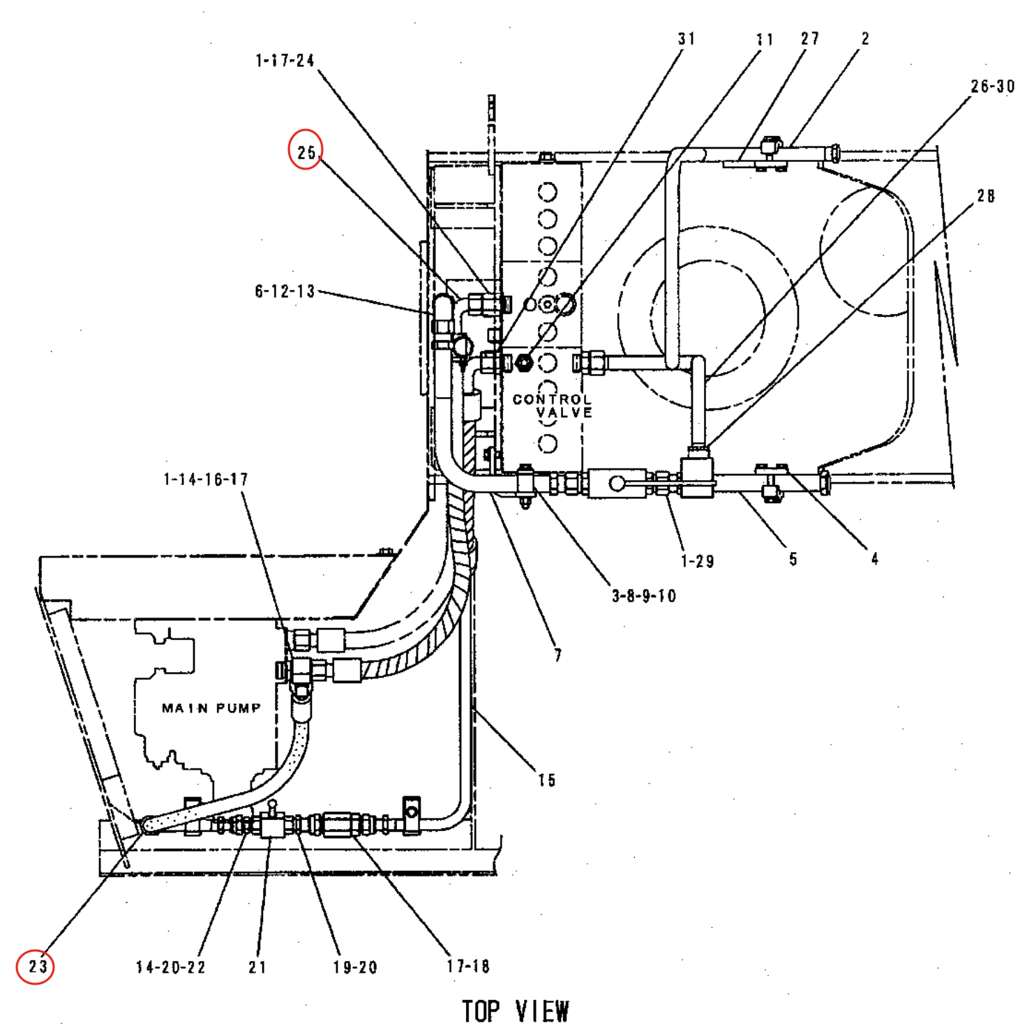 Caterpillar CAT®311B installation diagram showing hydraulic hose 123-2636 at Pipe No. 23