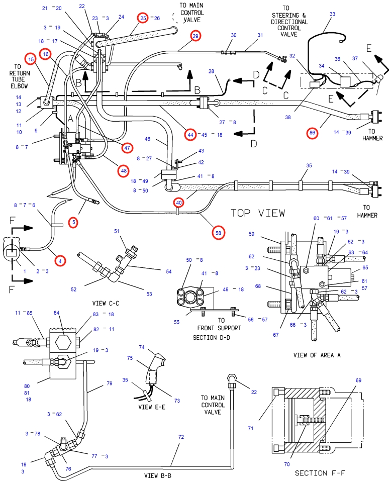 Caterpillar CAT®231D installation diagram showing hydraulic hose 3V-4332 at Pipe No. 15