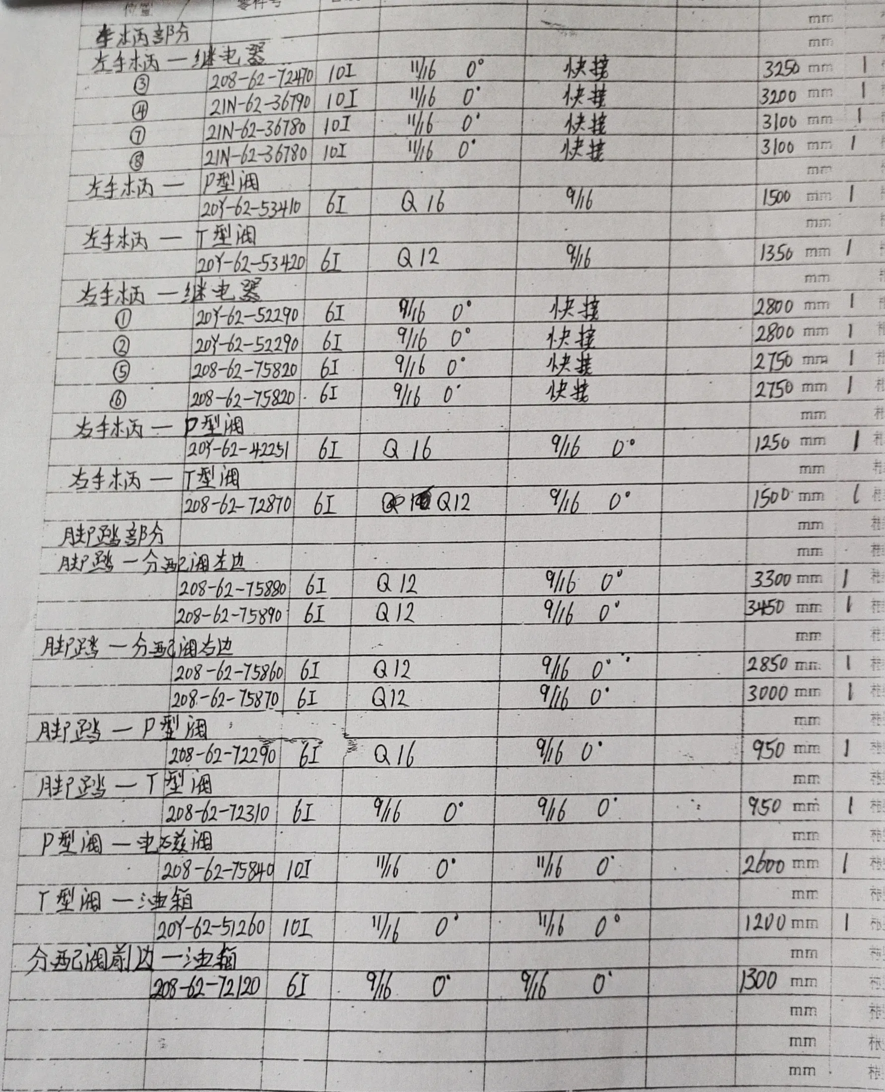 Komatsu PC450-8 hydraulic hose part numbers and recorded lengths — technician notebook page 4 of 4