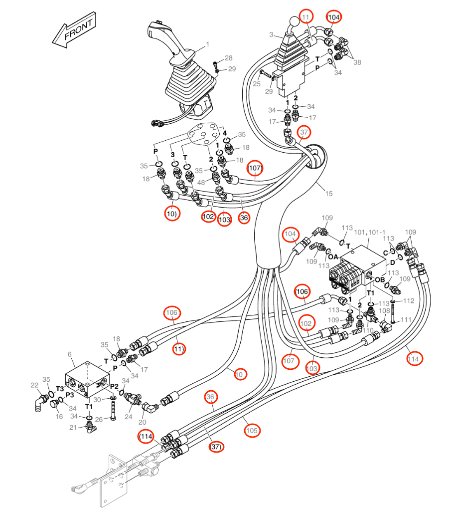 Doosan E57W installation diagram showing hydraulic hose DS2092304 at Pipe No. 10