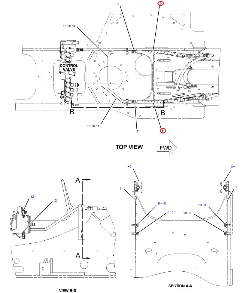 Caterpillar CAT®318C installation diagram showing hydraulic hose 226-9836 at Pipe No. 5