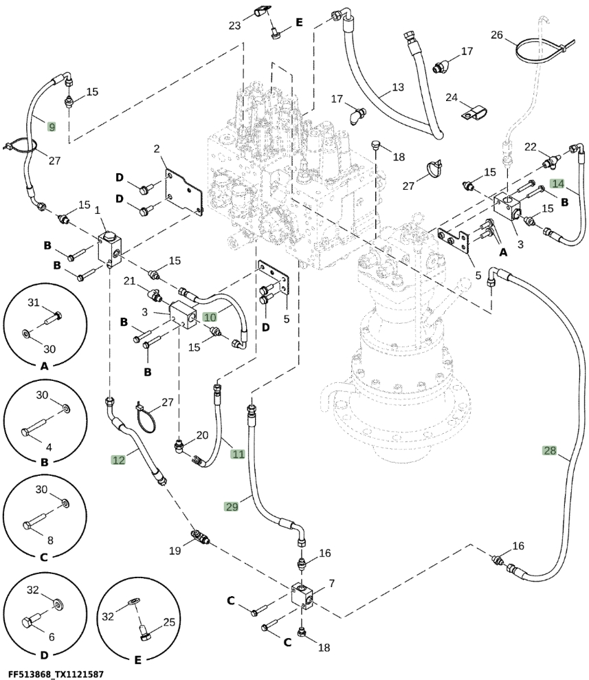 Hitachi ZX130-5N installation diagram showing hydraulic hose 4618606 at Pipe No. 14