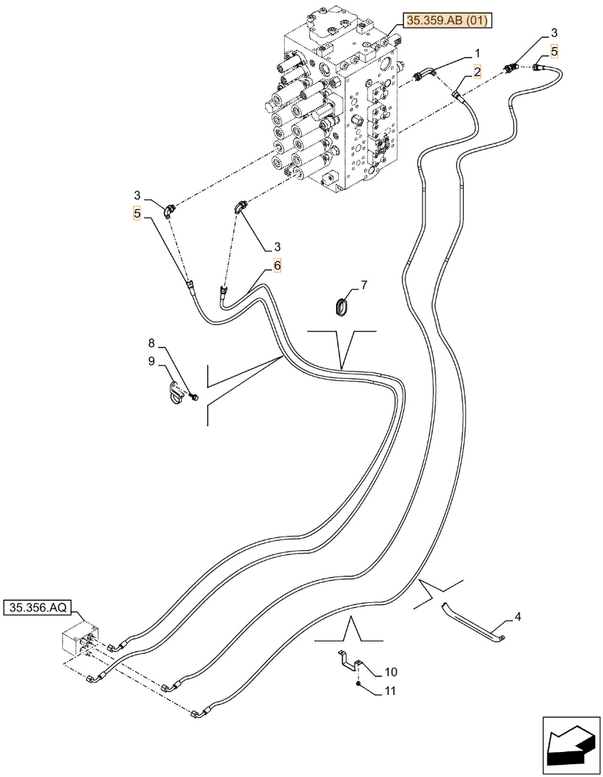 Case CX250D LC installation diagram showing hydraulic hose KHJ2165 at Pipe No. 6
