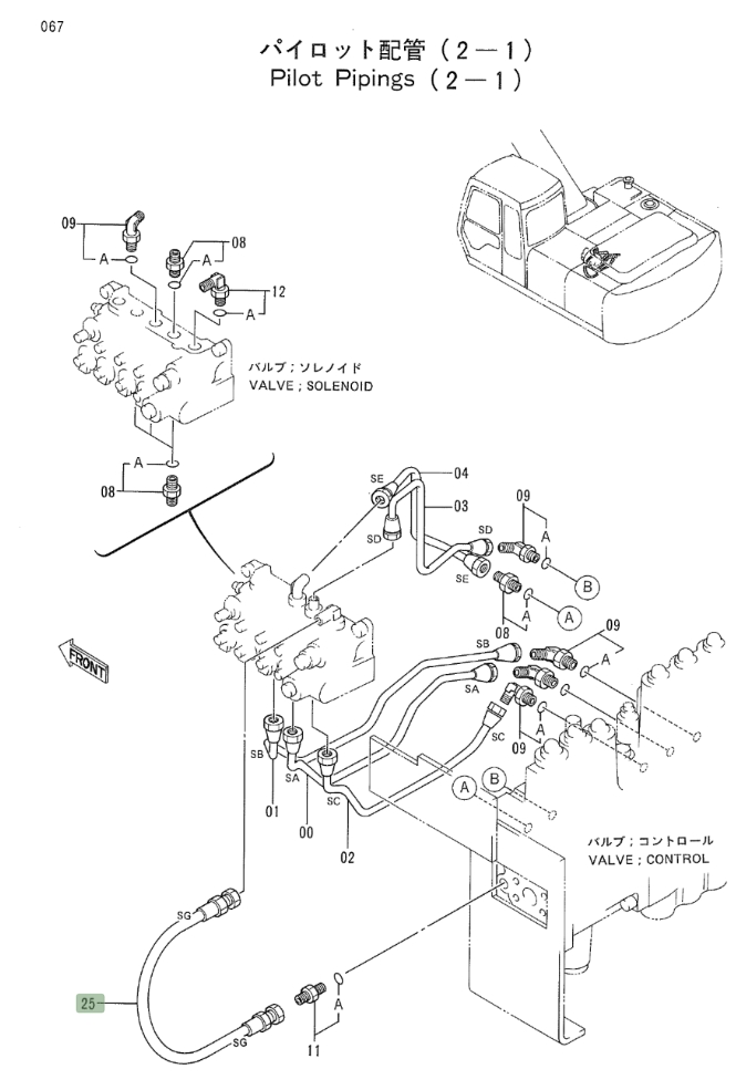 Hitachi EX200LC-2 installation diagram showing hydraulic hose 4282456 at Pipe No. 25