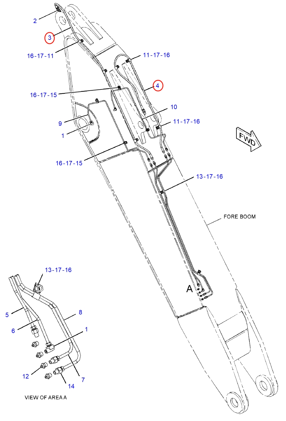 Caterpillar CAT®313F installation diagram showing hydraulic hose 306-1254 at Pipe No. 3