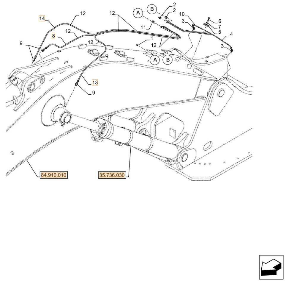 Case CX500D LC ME installation diagram showing hydraulic hose KHJ2082 at Pipe No. 14