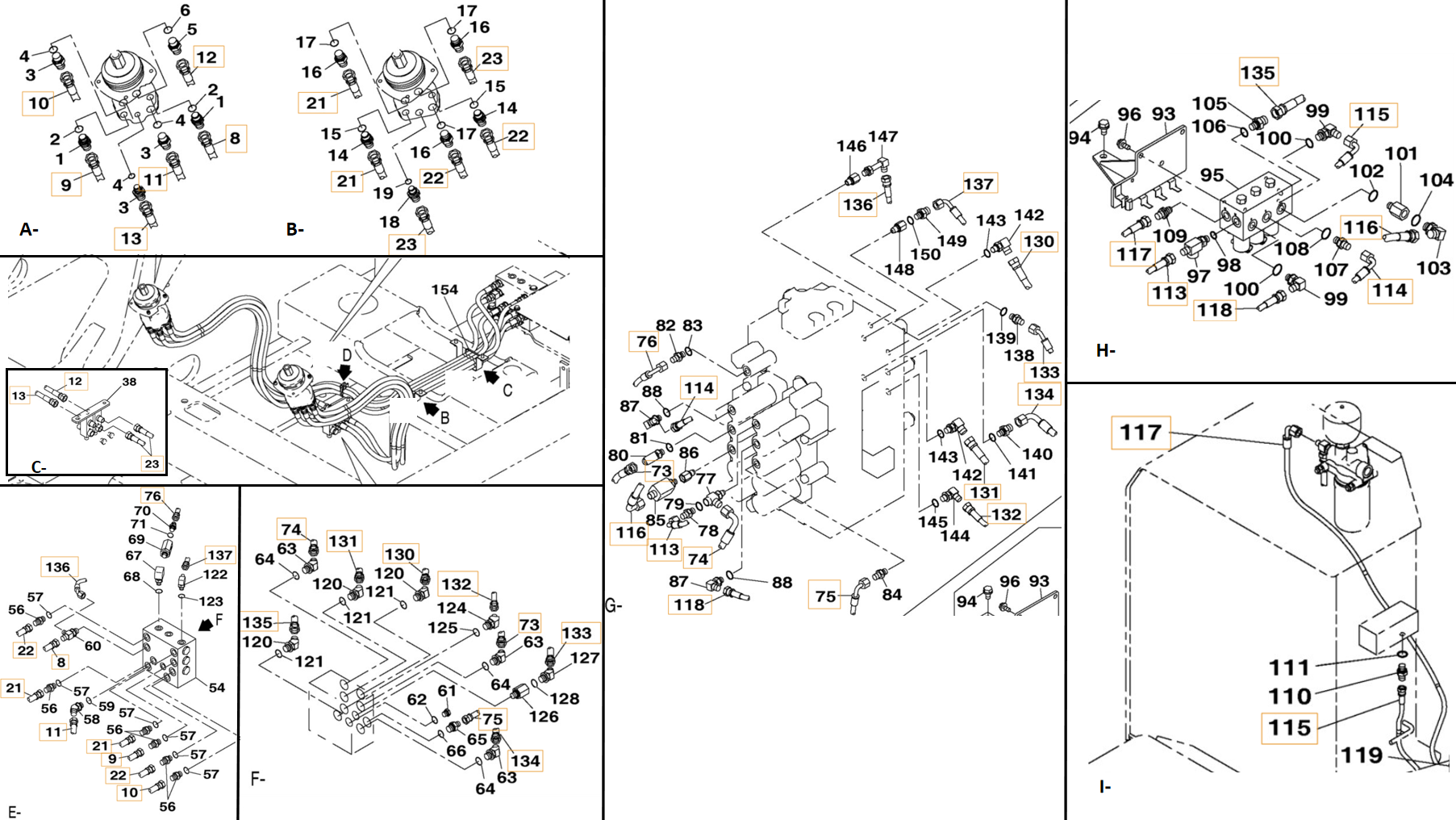 Case CX250C installation diagram showing hydraulic hose 159217A1 at Pipe No. B21-E21