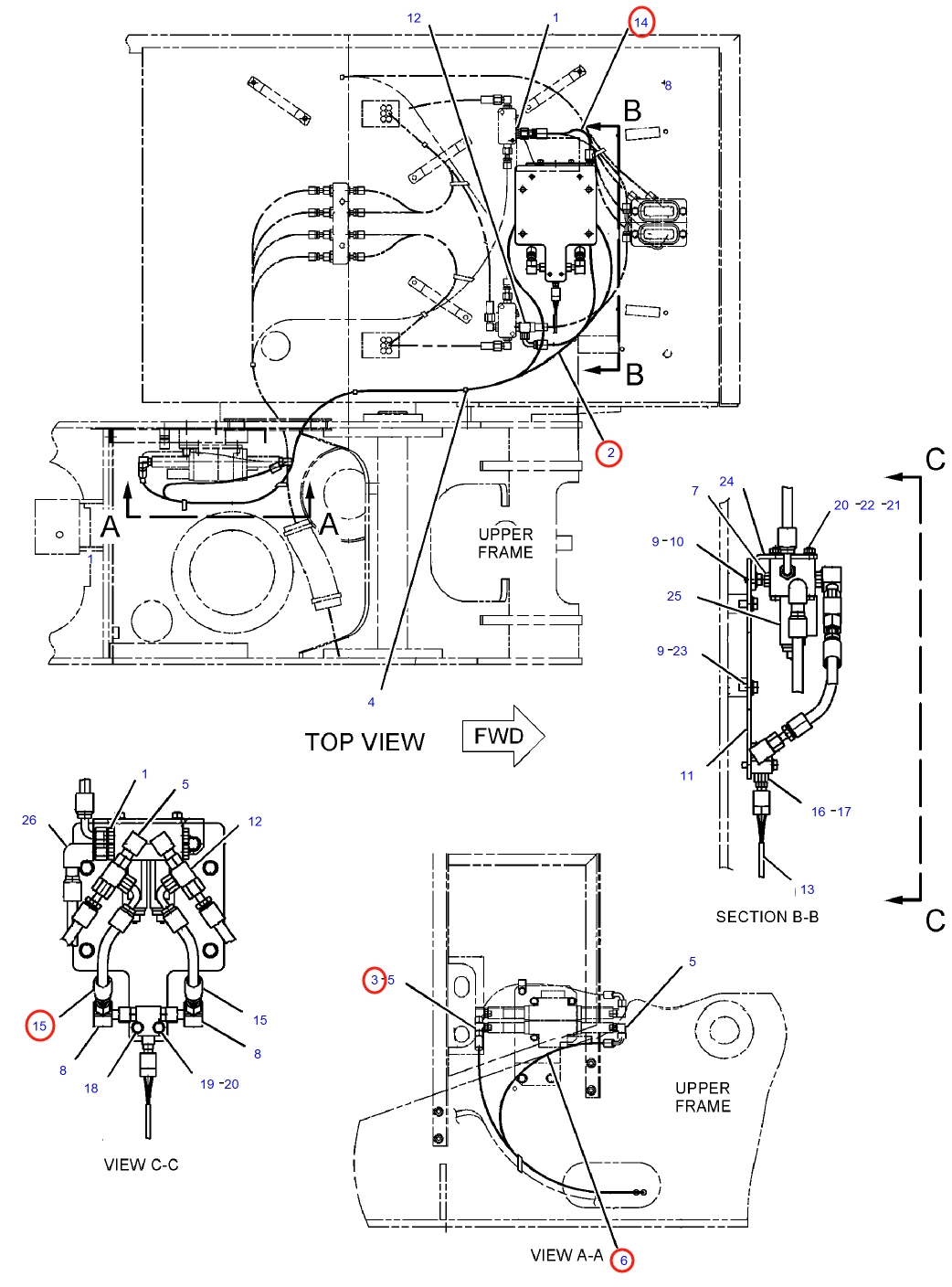 Caterpillar CAT®311C installation diagram showing hydraulic hose 4I-5811 at Pipe No. 3